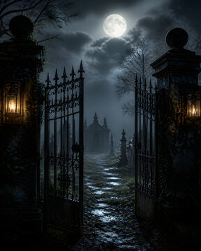 Tall open iron gate leading into foggy graveyard with distant mausoleum under bright full moon