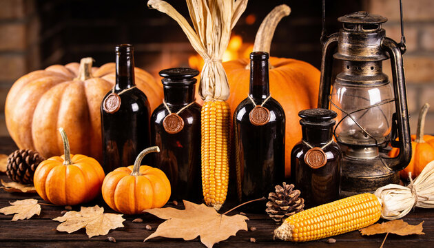 Rustic autumn harvest still life, Vintage thanksgiving festival table setup, Cozy fireplace holiday decoration, Warm cozy fall composition, Dark glass wine bottle pumpkin arrangement.
