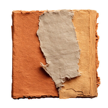Open book with torn handmade paper overlay, showing textured pages