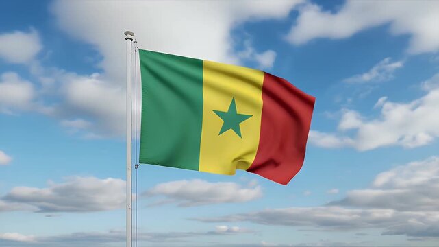 The national flag of Senegal waving on a flagpole with a dynamic timelapse of clouds moving across the blue sky.