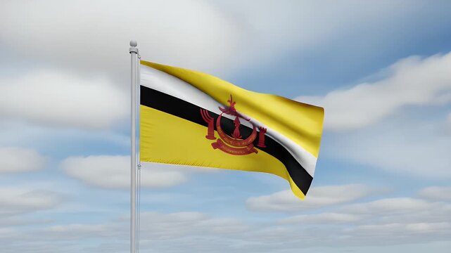 The national flag of Brunei Darussalam waving on a flagpole with a dynamic timelapse sky background.