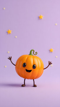 joyful orange pumpkin character waving arm under purple night sky full of glowing golden star