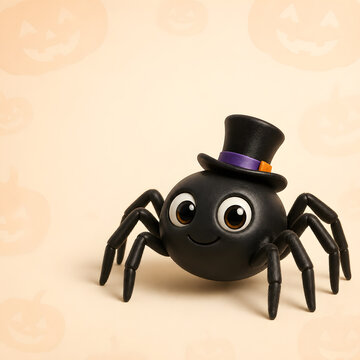 hairy black spider wearing top hat sitting on tan background with faint pumpkin pattern design