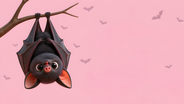 cute black bat hanging upside down from tree branch on pink background with tiny bat