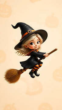 smiling little blonde witch girl flying on broomstick over tan background with faint pumpkin pattern