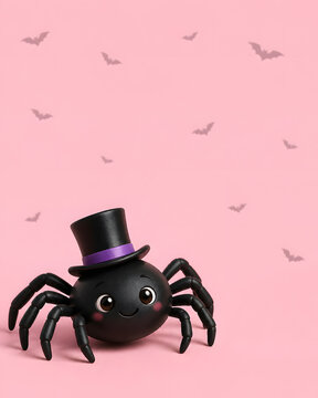 cute black spider wearing top hat sitting on pink background with tiny bat flying nearby