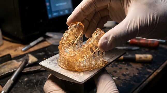 Dental technician holding 3D printed resin model in laboratory