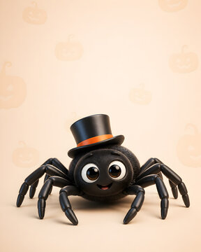 cute halloween spider wearing black top hat with orange band standing on plain cream background