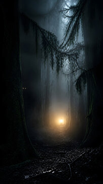 spooky mossy forest with glowing eye watching beside warm lantern light through thick dense fog