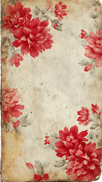 Aged paper adorned with vibrant red floral bouquets in corners; sepia tones