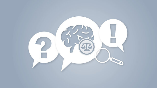 Legal psychology concept with a human brain icon, balancing scales of justice, question mark, exclamation mark, and magnifying glass symbols representing ethical considerations