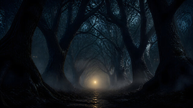 spooky tree archway with gnarled branch framing warm glowing light in deep misty dark night