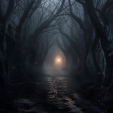 spooky dark bare tree archway with multiple glowing eye watching toward warm light in mist