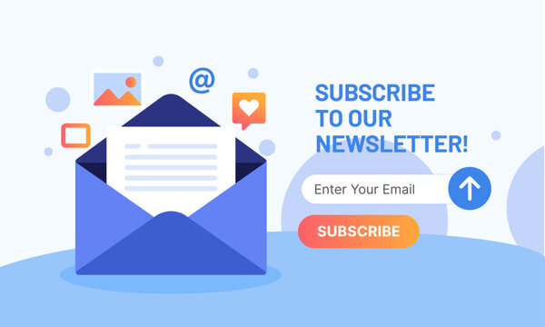 Subscribe to our newsletter modern email marketing banner with open envelope and input field