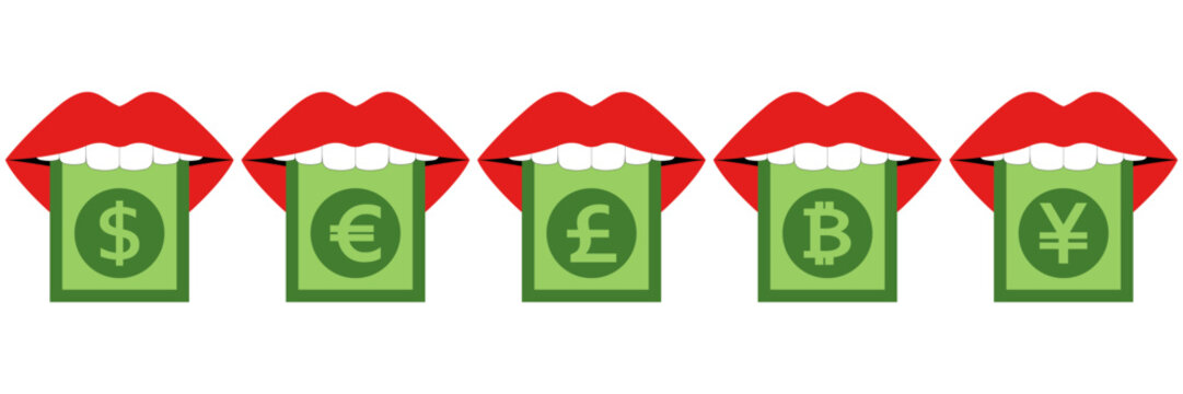 set of red mouth with white teeth and banknote icon sticking out on white background.