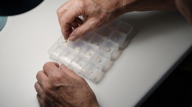 Elderly hands organizing daily pills in plastic organizer