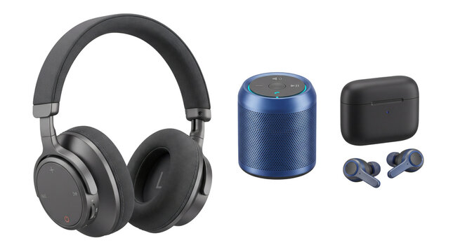 Realistic isolated product set of wireless headphones, smart speaker, charging earbud case, and true wireless earbuds on a transparent background, with clean spacing, with realistic materials.