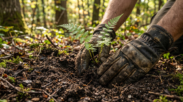 Closeup of people kneeling and planting small pine tree seedling in rich soil in forest, wearing black hoodie and cap and work gloves, group of volunteers planting trees