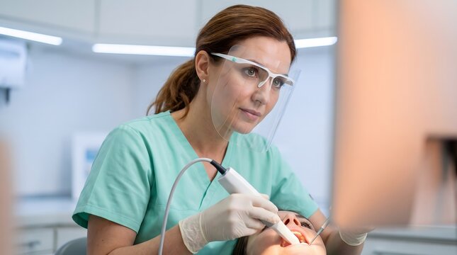 Female dentist using intraoral scanner on patient teeth