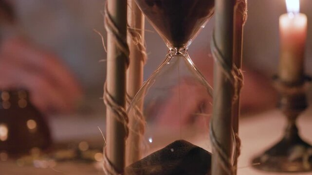 closeup of an antique hourglass with someone writing with a quill pen in the