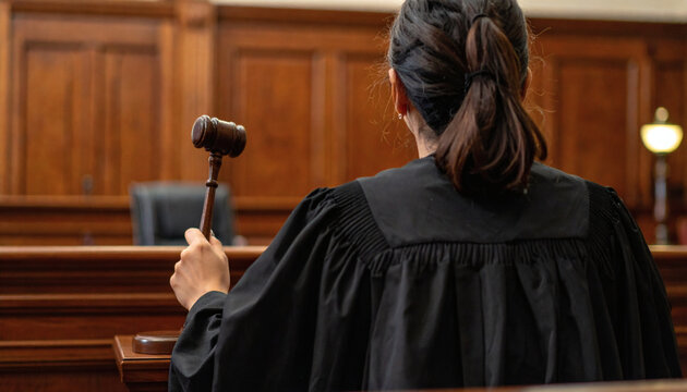 Female judge holding a wooden gavel while sitting in a traditional courtroom wearing a black robe for legal proceedings
