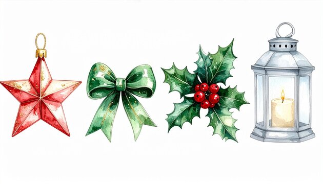 Watercolor Christmas set with star ribbon holly and lantern