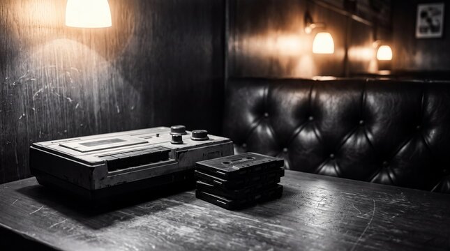 retro music culture, a vintage cassette player rests beside a stack of anonymous mixtapes in a leather booth