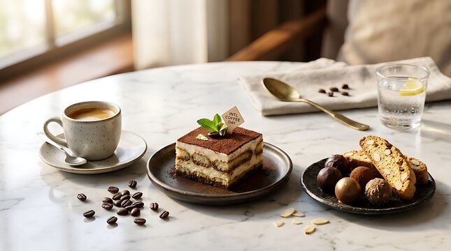 Gourmet tiramisu cake and espresso on marble table with sweets
