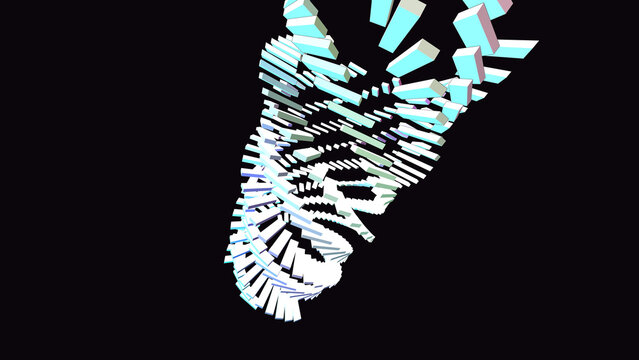 Abstract 3D Shape Fragmenting: A complex, abstract 3D geometric form, composed of light blue and white fragmented pieces, spirals and disintegrates against a dark background.