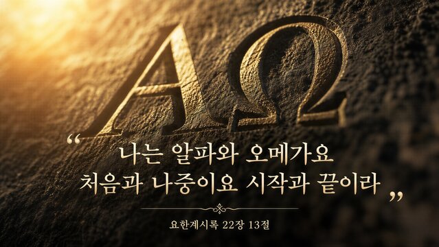Korean scripture poster with 'Alpha and Omega, Beginning and End' from Revelation, featuring artistic calligraphy and a spiritual background.