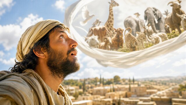Peter's Rooftop Vision: Large Sheet Descending with Animals, Dynamic Biblical Scene of Divine Instruction and Gentile Acceptance in Ancient Near East.