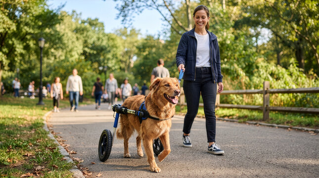 Golden retriever in wheelchair walking through park with owner on path