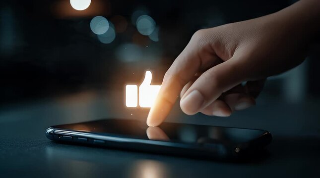 Hand interacting with a glowing thumbs-up icon displayed on a smartphone screen symbolizing social media engagement approval and positive feedback in a dark setting