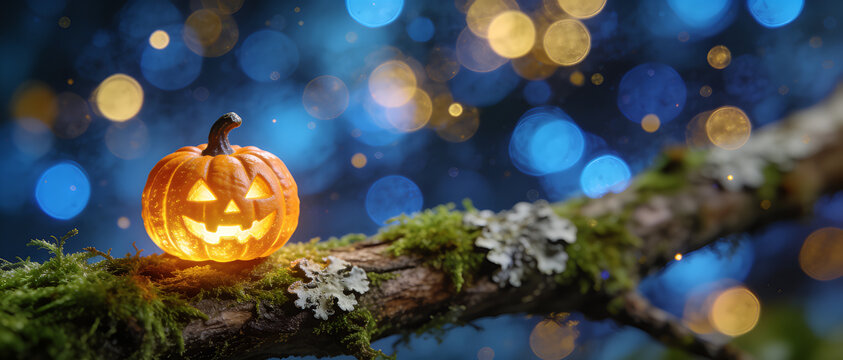 Glowing halloween pumpkin jack o lantern on mossy tree branch, magical autumn night background, spook illuminated lantern, festive seasonal decoration, fairytale enchanted forest lighting.