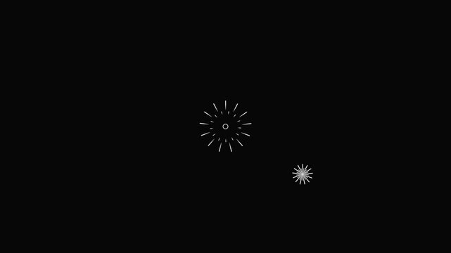 Cartoon fireworks circle blast animation with white line explosions, glowing spark trails, shiny geometric shapes, glitter dust effects, flat vector motion graphics, festive, black screen 4k
