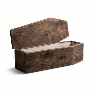 Rustic wooden coffin with open lid isolated on white background