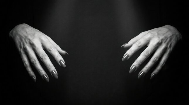 Closeup of two female hands reaching towards each other against a dark background