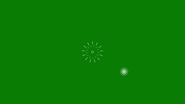 Abstract circle firework blast animation featuring geometric line explosions, glowing white sparks shiny glitter dust circular burst trails cartoon vector motion effects, festive, green background 4k