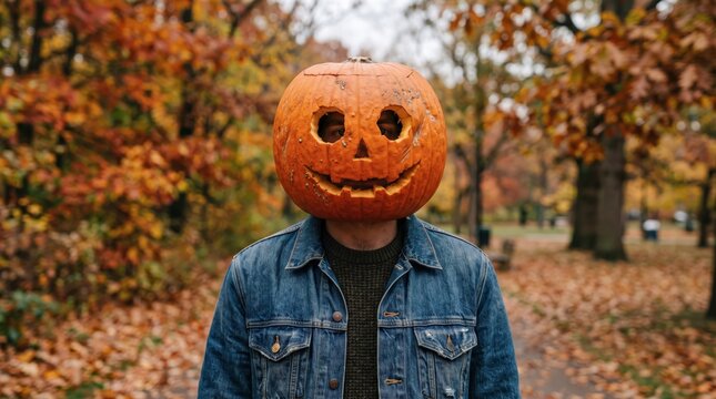 Person wearing a carved pumpkin as a head in an autumn forest
