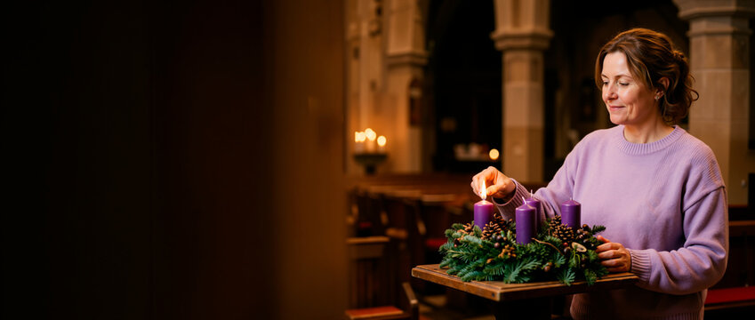 Middle aged woman lighting the first purple candle on an Advent wreath in a church. Christian tradition of preparing for Christmas. Wide banner with dark copy space for text