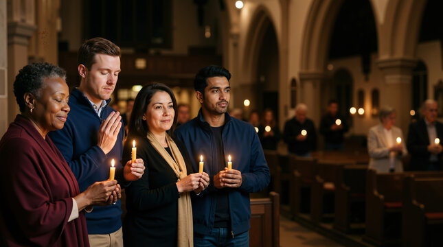 Diverse group of Christian worshippers holding candles during an evening church service. Multiethnic people praying together at a candlelight vigil. Faith and community concept