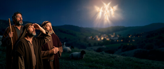 Fototapeta premium Biblical shepherds looking up in awe at glowing angels in the night sky. Annunciation to the shepherds nativity scene banner. Christian Christmas story concept
