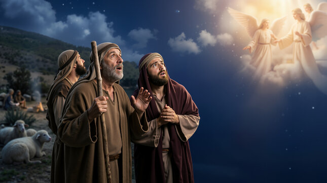 Biblical shepherds looking up at angels in the night sky. Nativity story of the divine revelation in Bethlehem. Christian religious illustration of the christmas message