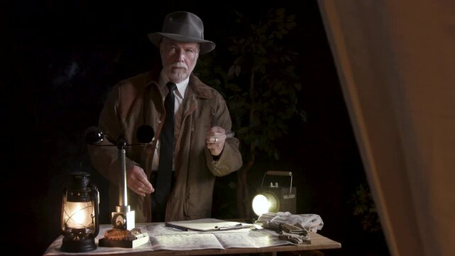 A meteorologist from 1930s at outdoor workstation uses a sling or whirling psychrometer to test for humidity and temperature then records findings.