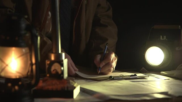 early weatherman in the field going over paperwork