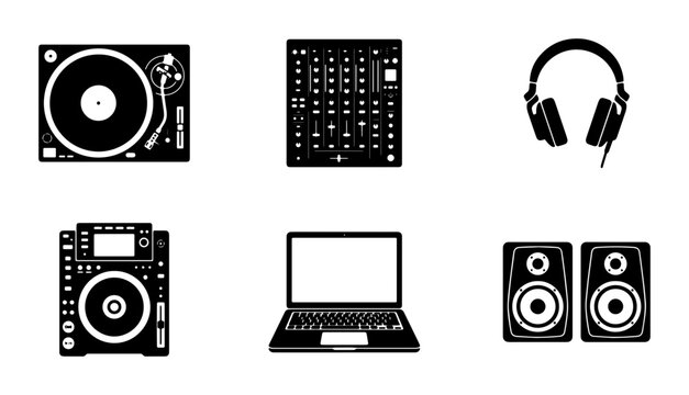 DJ Equipment Icons Set: Turntable, Mixer, Headphones, CDJ, Laptop, Speakers, Music Production Vector Graphics