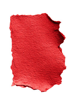 A textured, torn red rectangle, edged with a fine, contrasting border, on a black backdrop