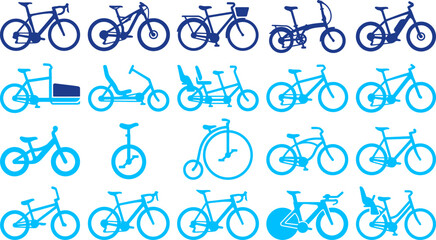 Collection of blue bicycle icons representing different types of bikes for transportation and recreation, flat design. © parulArt
