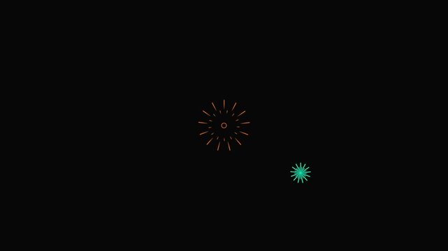 Circular firework line burst animation with glowing geometric explosions white spark trails flat cartoon vector effects, hand drawn doodle shapes, sparkling dust particles, motion graphics, black 4k