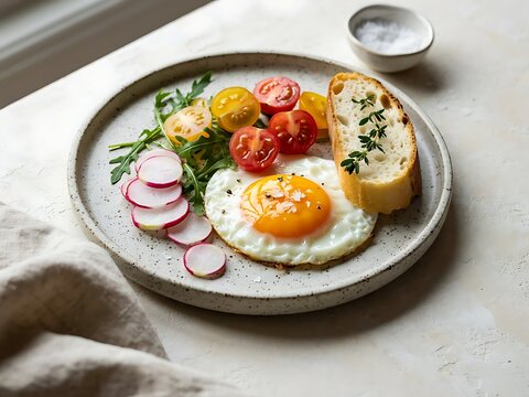 Delicious healthy breakfast plate with fried egg cherry tomatoes radishes and bread